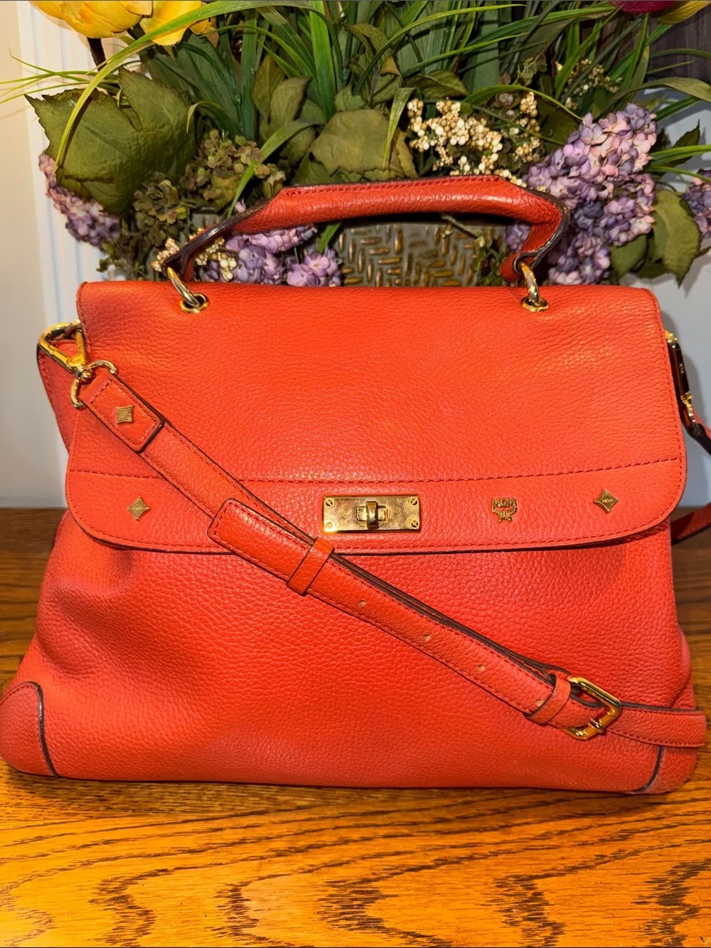 MCM Coral Leather Top-Handle Satchel with Gold Hardware with COA EUC
